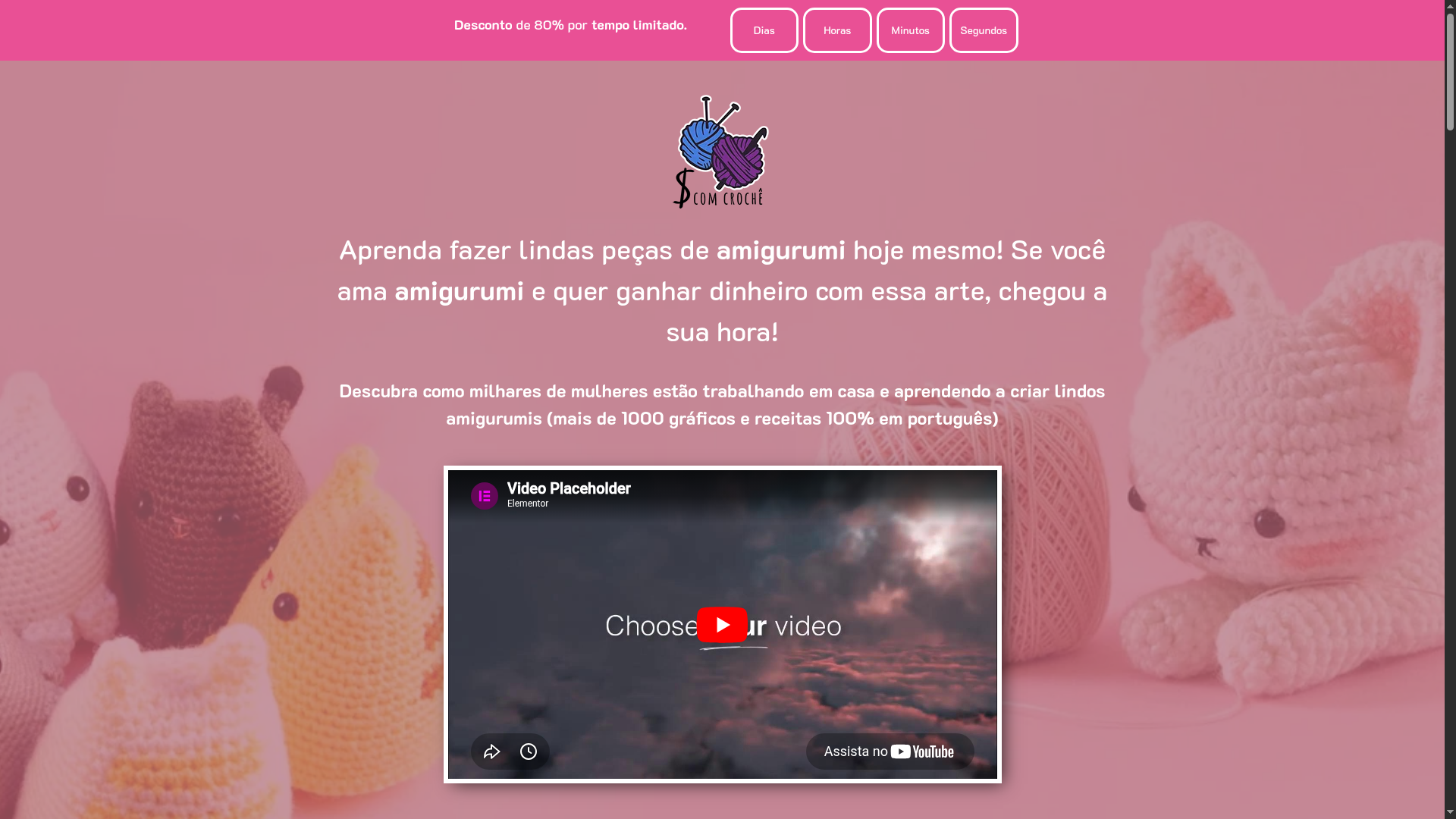 Landing page para curso de amigurumi com vídeo de apresentação e foco em vendas online.