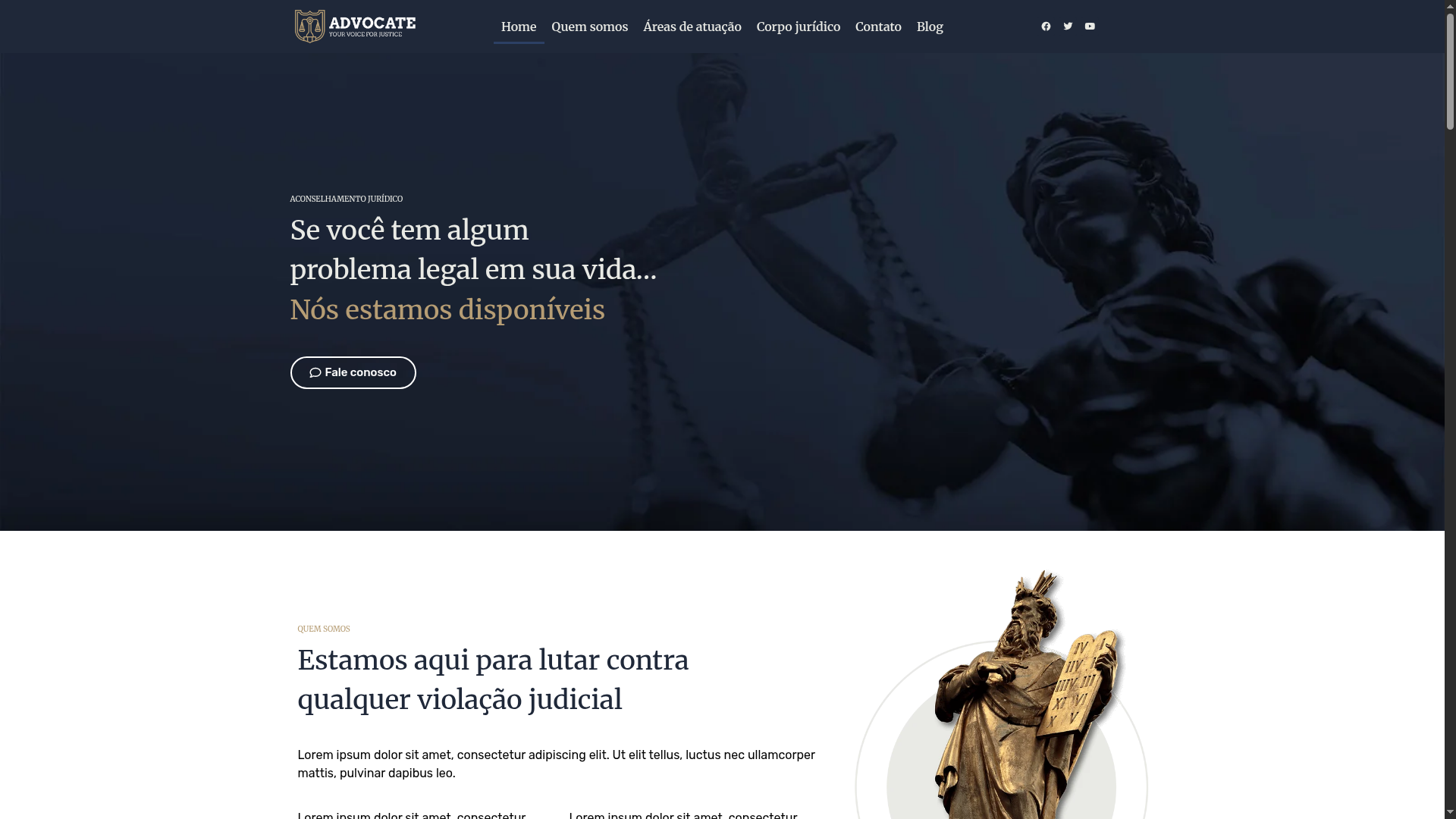 Homepage de escritório de advocacia com imagem da estátua da justiça e design em tons escuros.